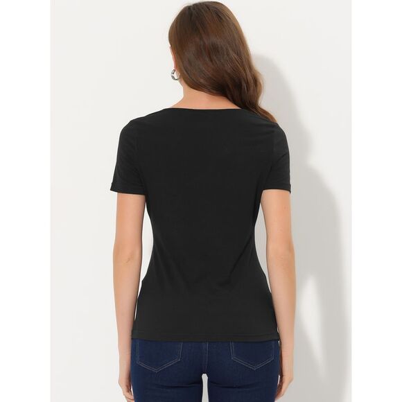 Cowl Neck Women's Short Sleeve Button Decor Ruched Casual Basic T-Shirt Black - Picture 3 of 6